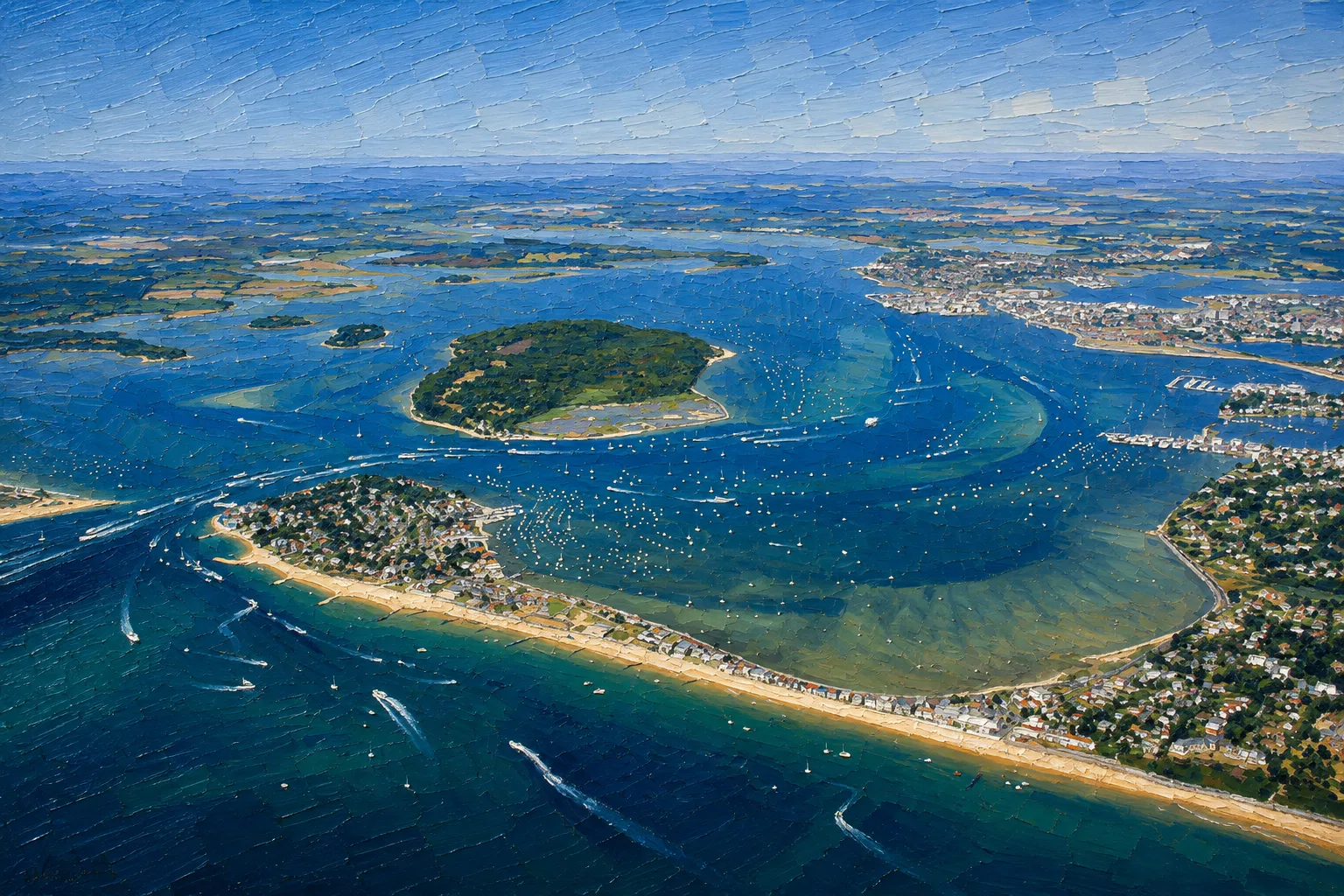 Aerial illustration of Sandbanks, Brownsea Island and Poole Harbour