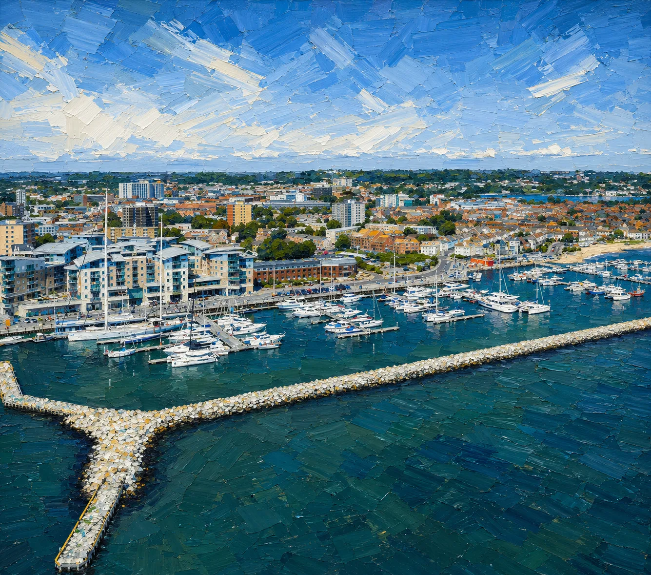 Aerial illustration of Poole Quay Boat Haven and its protective breakwater