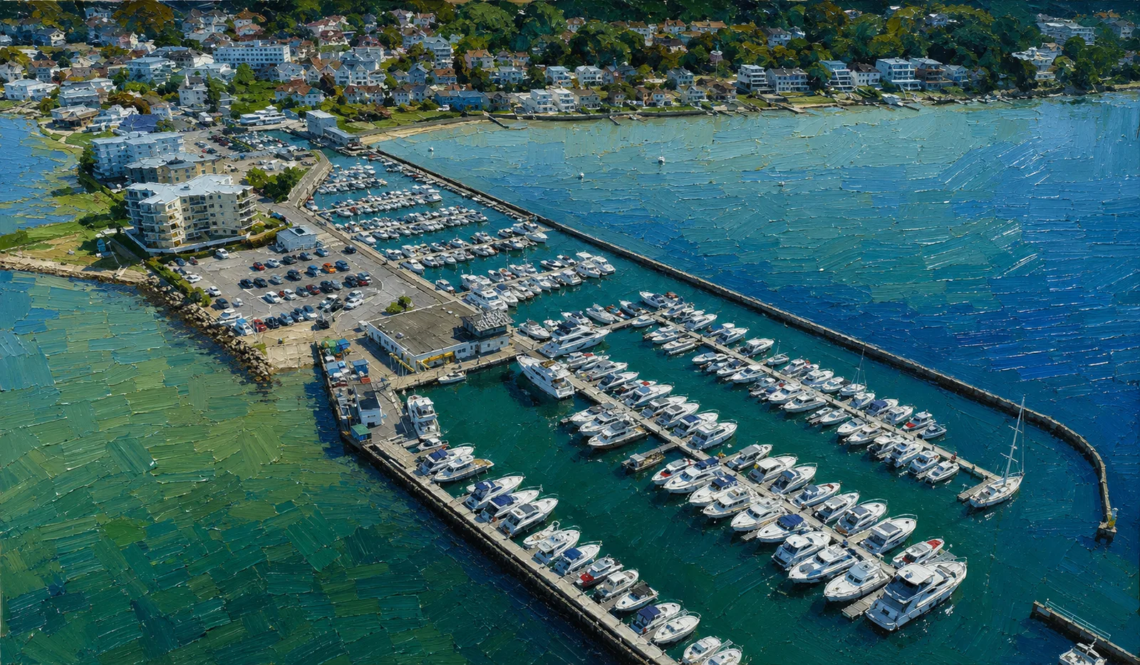 Aerial illustration of Salterns Marina beside Poole Harbour