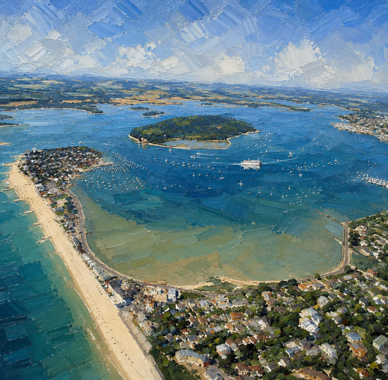 Aerial illustration of Poole Harbour, Brownsea Island and Sandbanks