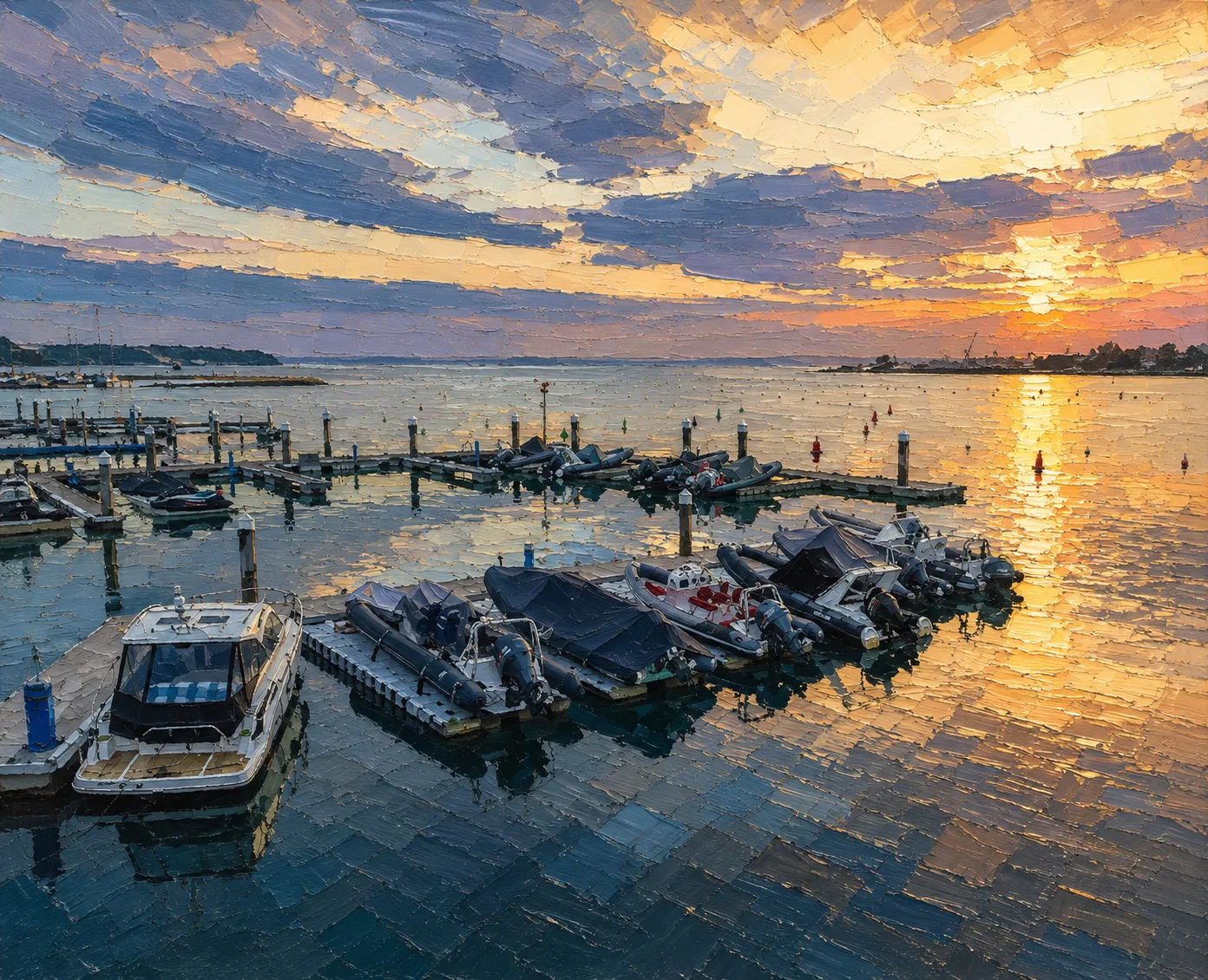 Sunset illustration of Parkstone Bay Marina and its berths
