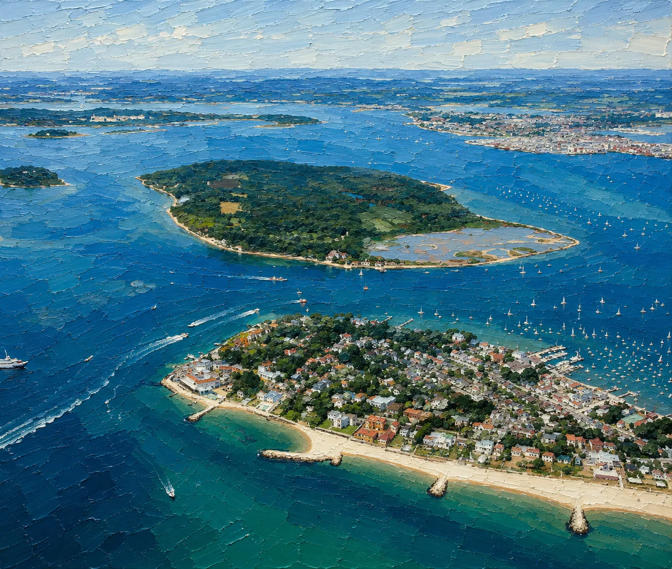 Aerial illustration of Brownsea Island with Sandbanks in the foreground