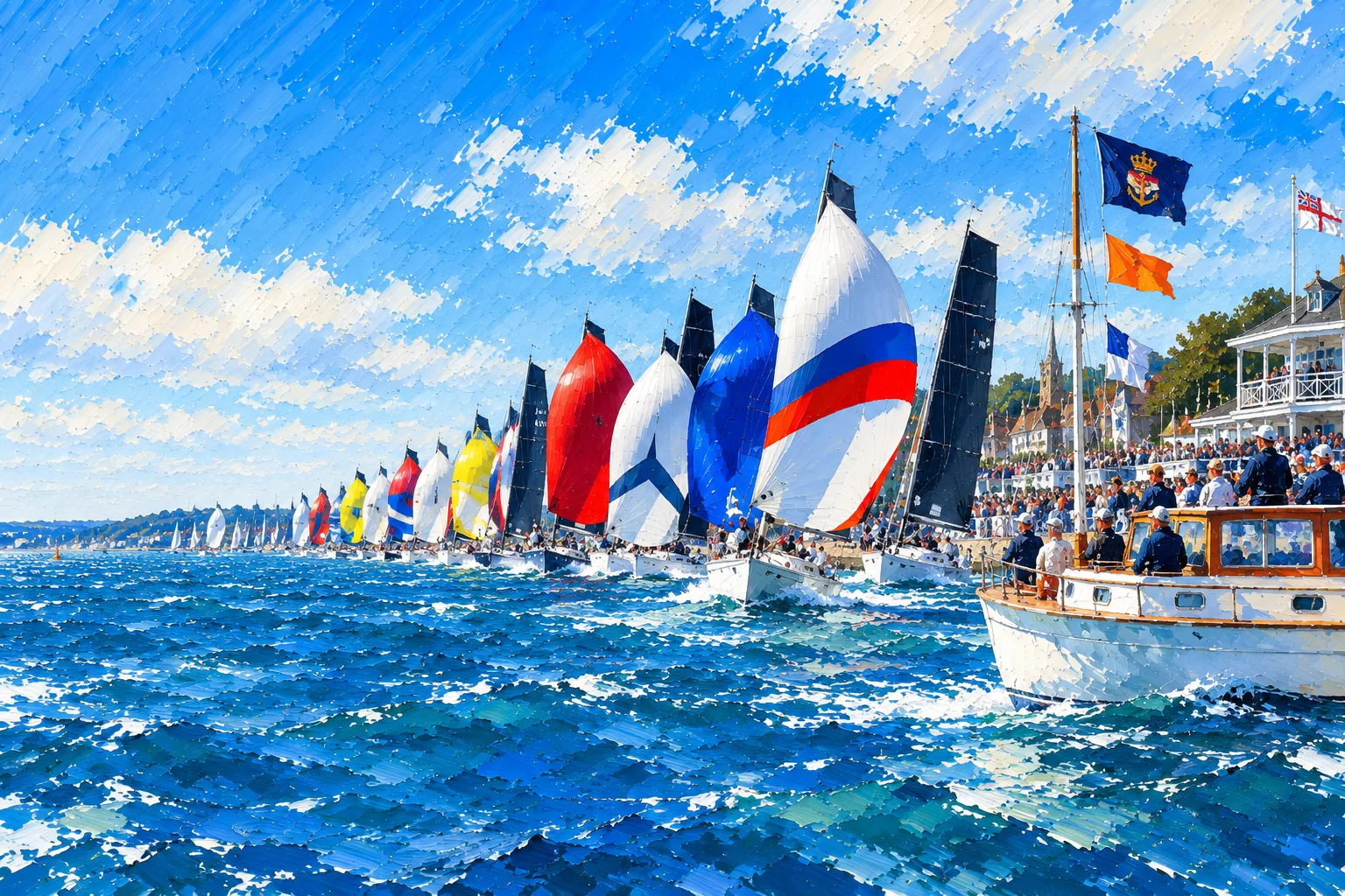 Painting of a yacht race start: a close-packed fleet under colourful spinnakers, with the committee boat flying its flags and crowds watching from the shore