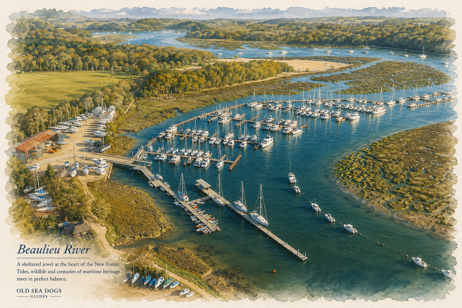 Boats moored along the wooded Beaulieu River.