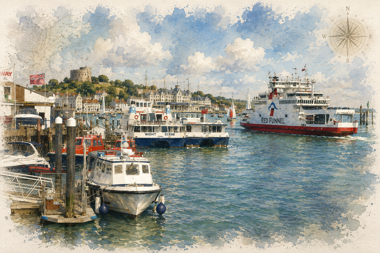 Cowes Harbour with local vessels and a Red Funnel ferry.