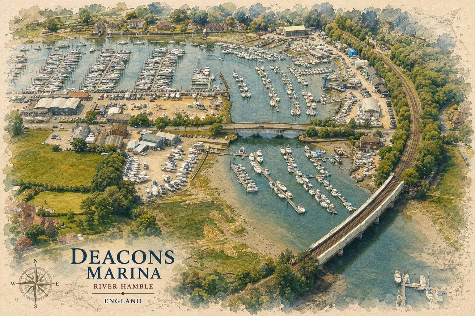 Watercolour-style aerial view of Deacons Marina and the upper River Hamble.