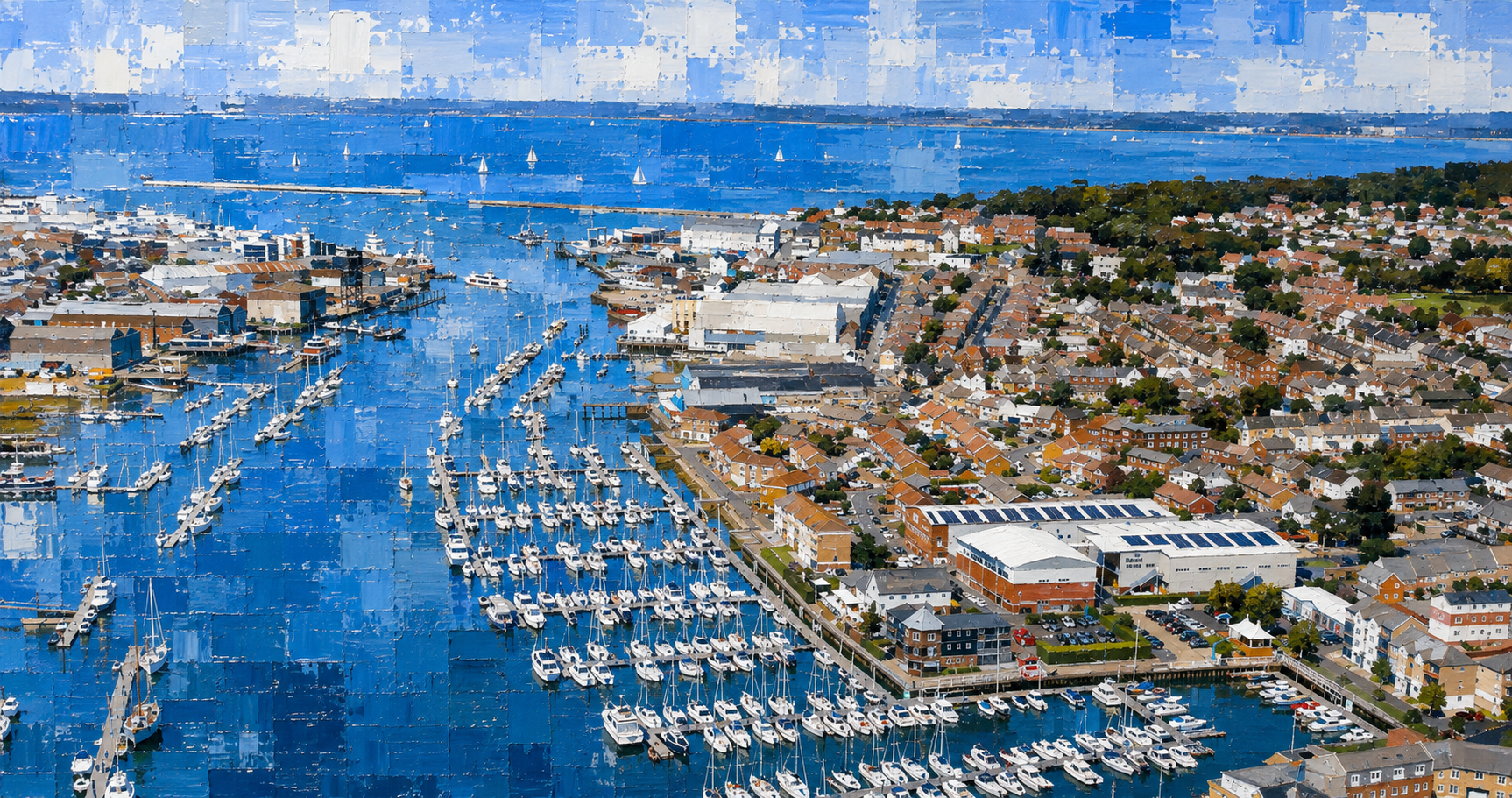 Painterly aerial view of East Cowes Marina and the River Medina.