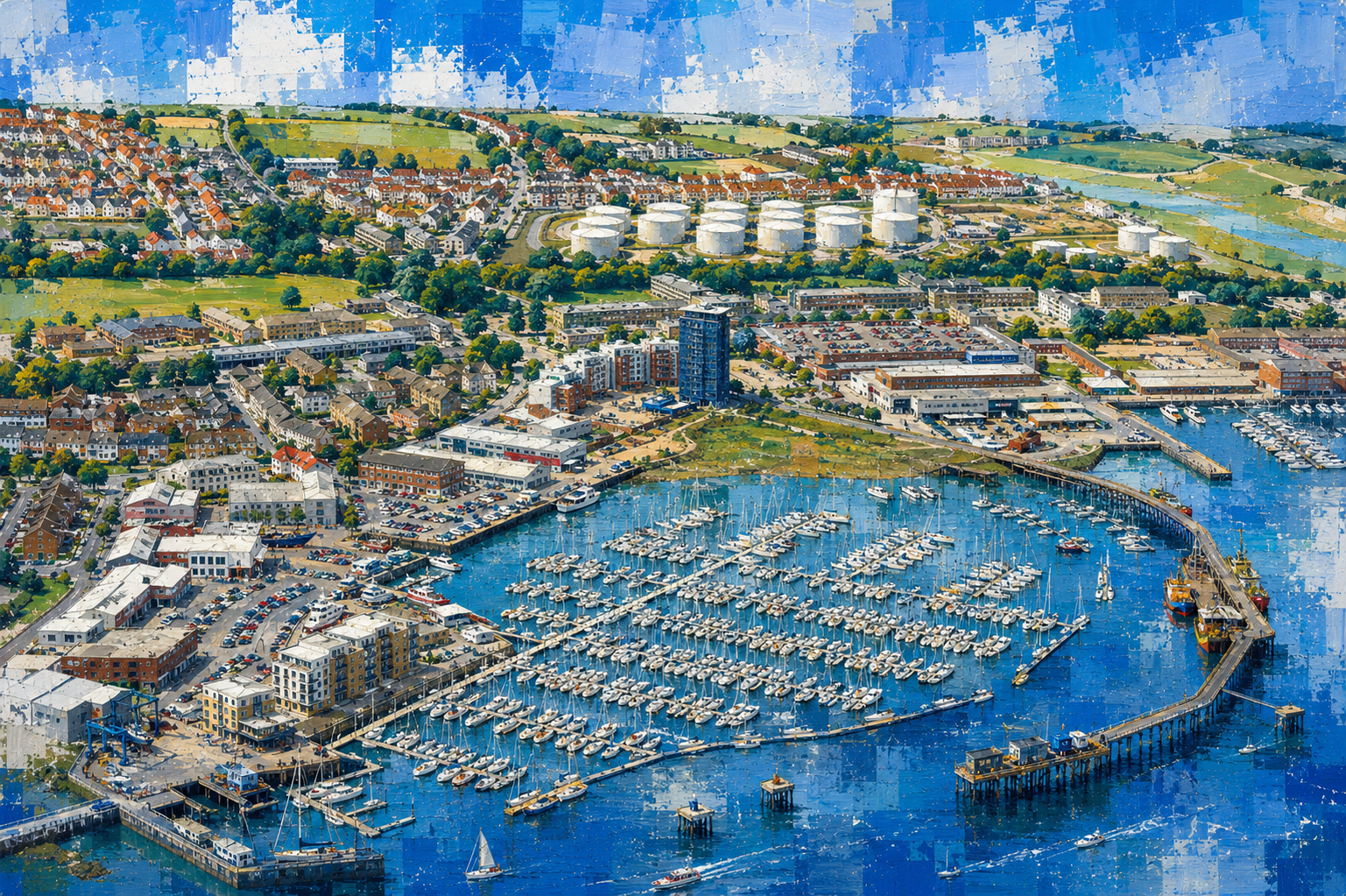 Painterly aerial view of Gosport Marina and Portsmouth Harbour.