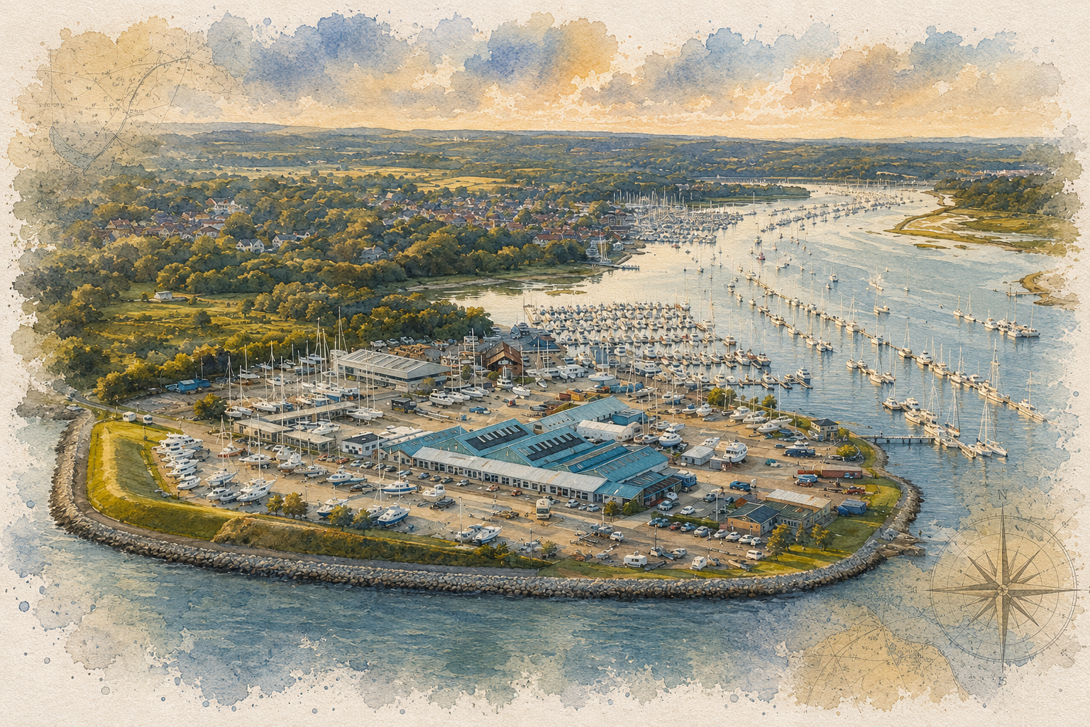 Hamble Point Marina and the lower River Hamble viewed from above.
