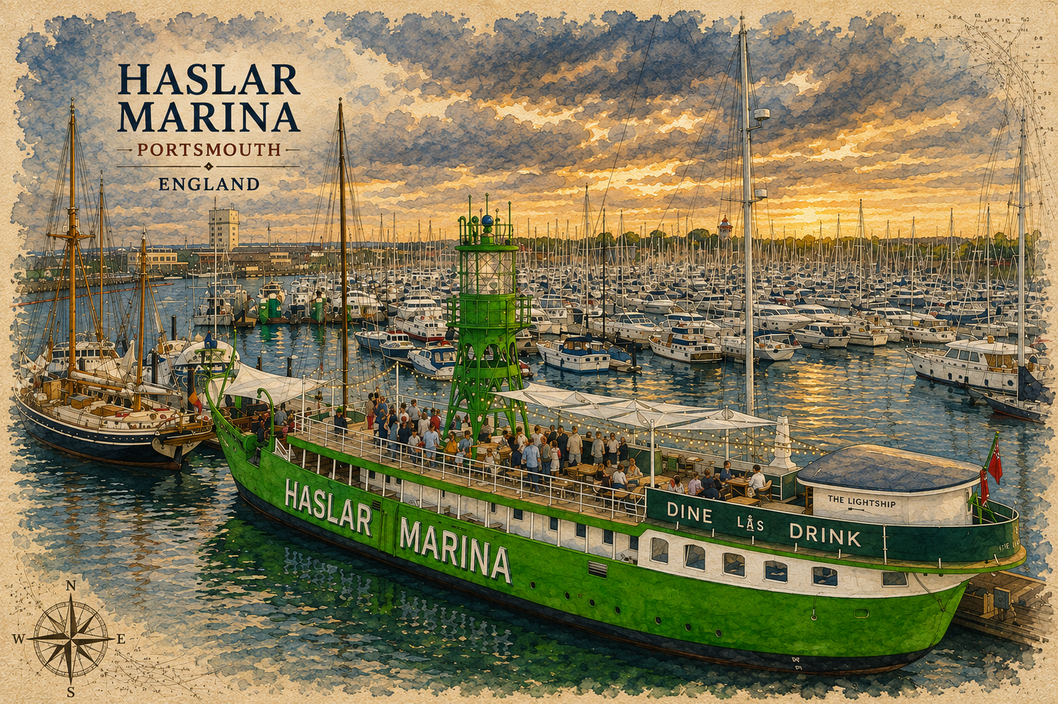 Illustrated view of Haslar Marina and its green lightship at sunset.