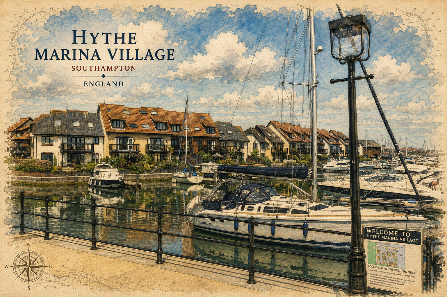 Watercolour-style view of boats and waterside homes at Hythe Marina Village.