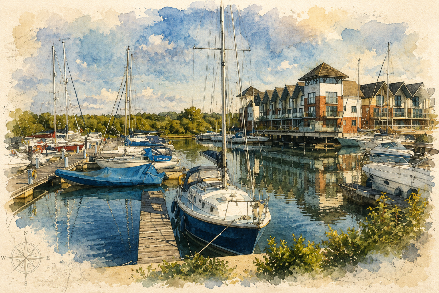 Watercolour-style view into Island Harbour Marina on the River Medina.