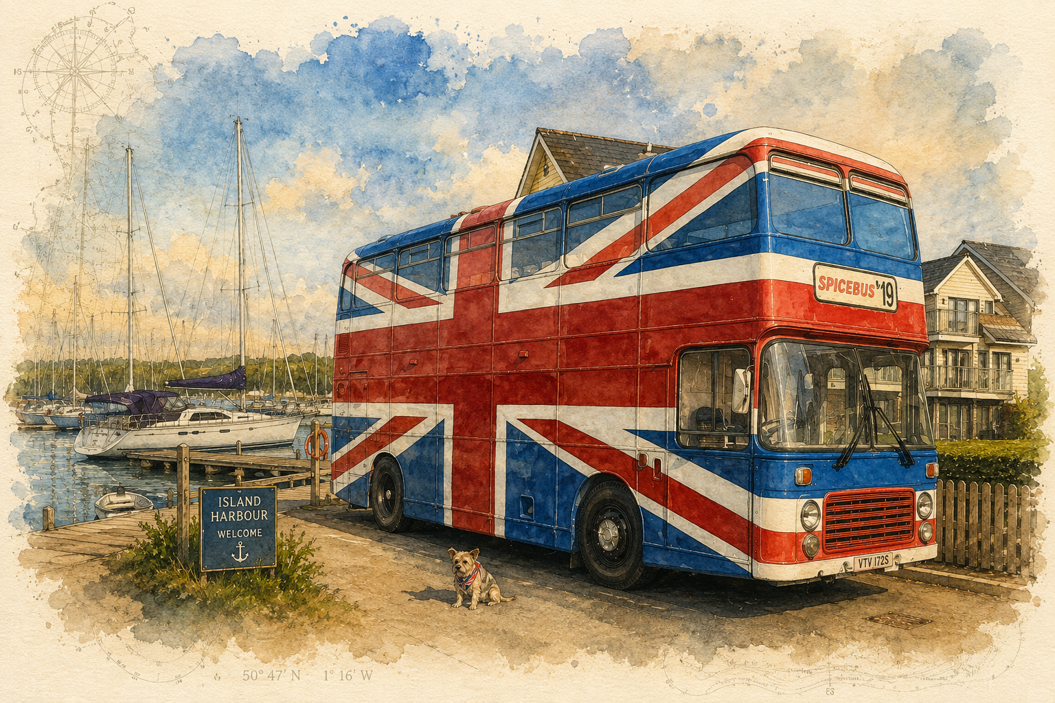 Illustrated Spice Bus beside Island Harbour Marina.