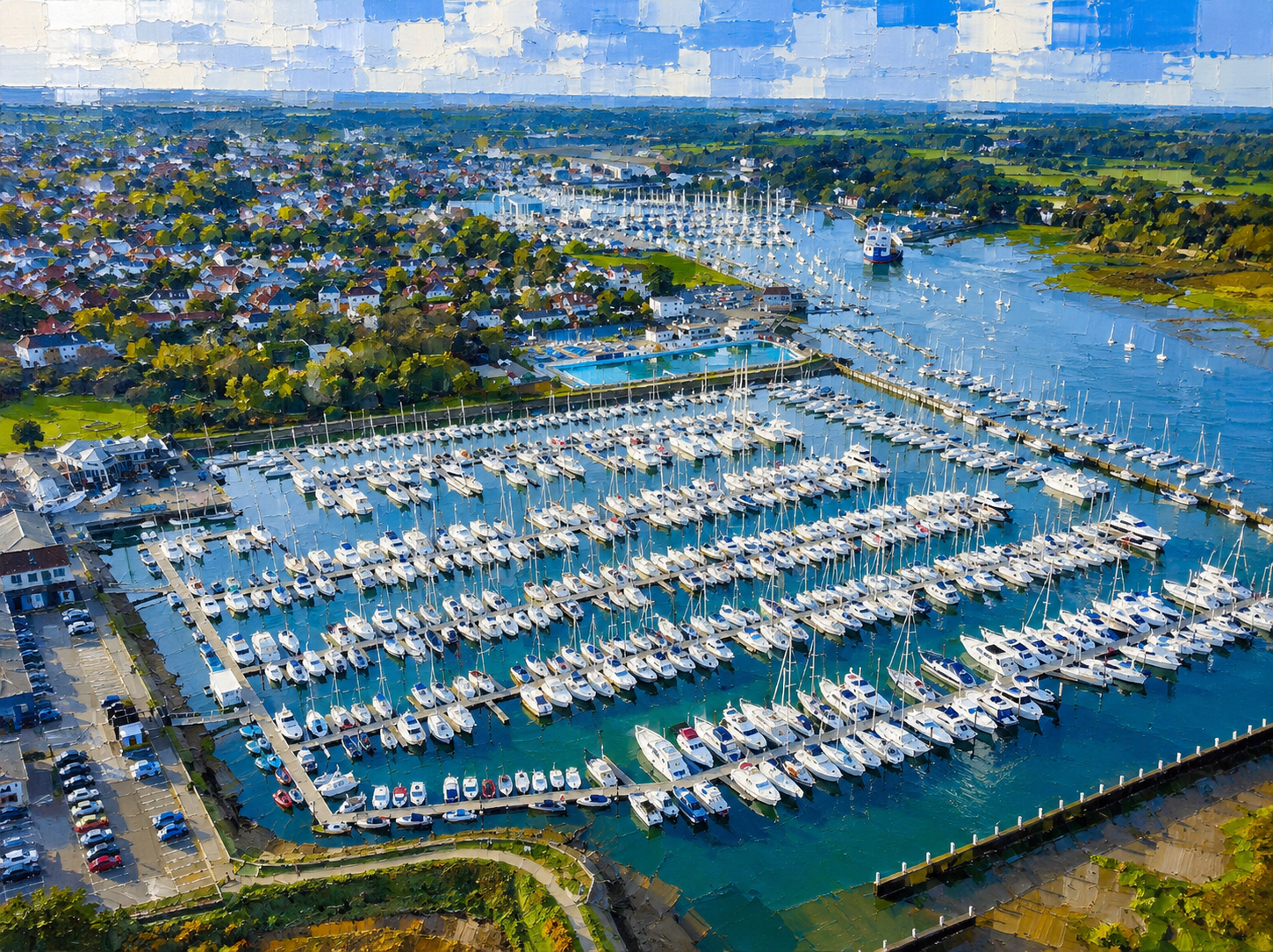 Painterly aerial view of Lymington Yacht Haven and the Lymington River.