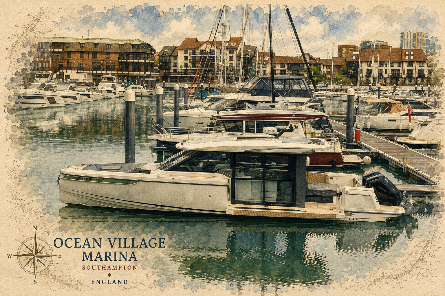 Watercolour-style view across Ocean Village Marina in Southampton.