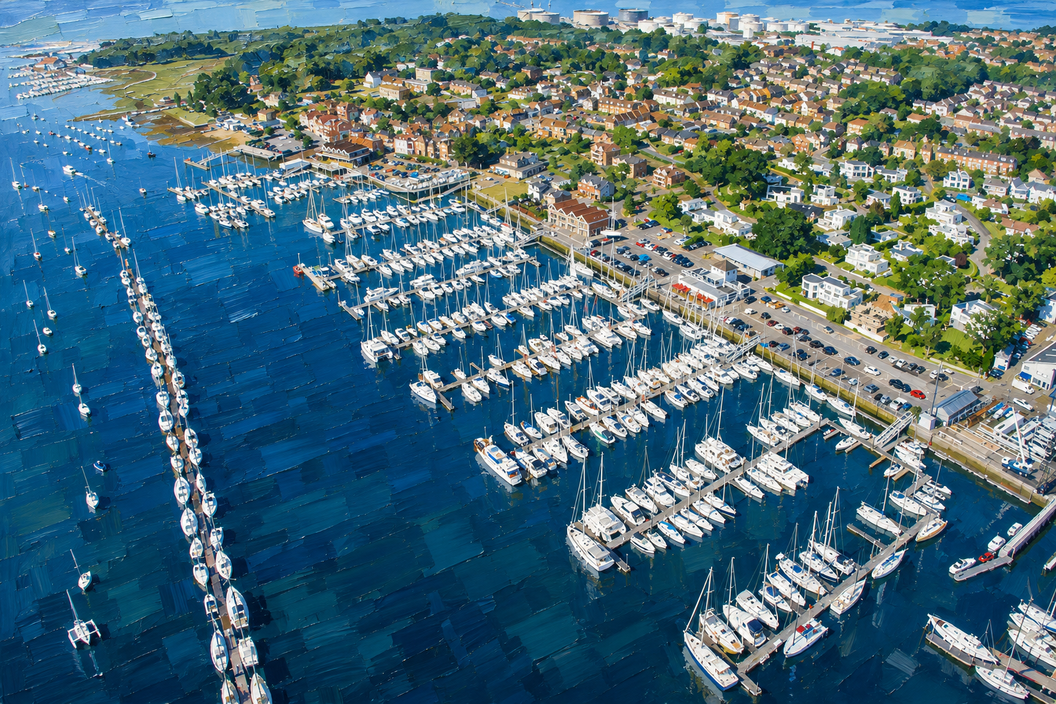 Painterly aerial view of Port Hamble Marina and the River Hamble.