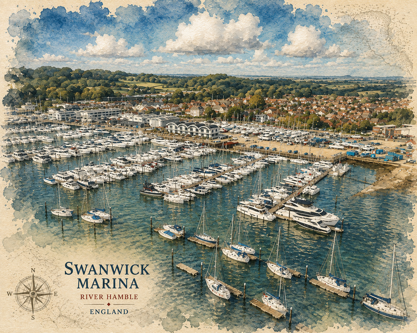 Watercolour-style aerial view of Swanwick Marina on the River Hamble.