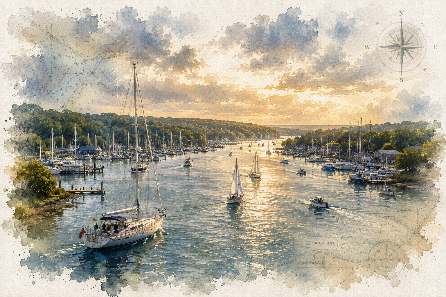 Sailing boats and marinas along the River Hamble at golden hour.