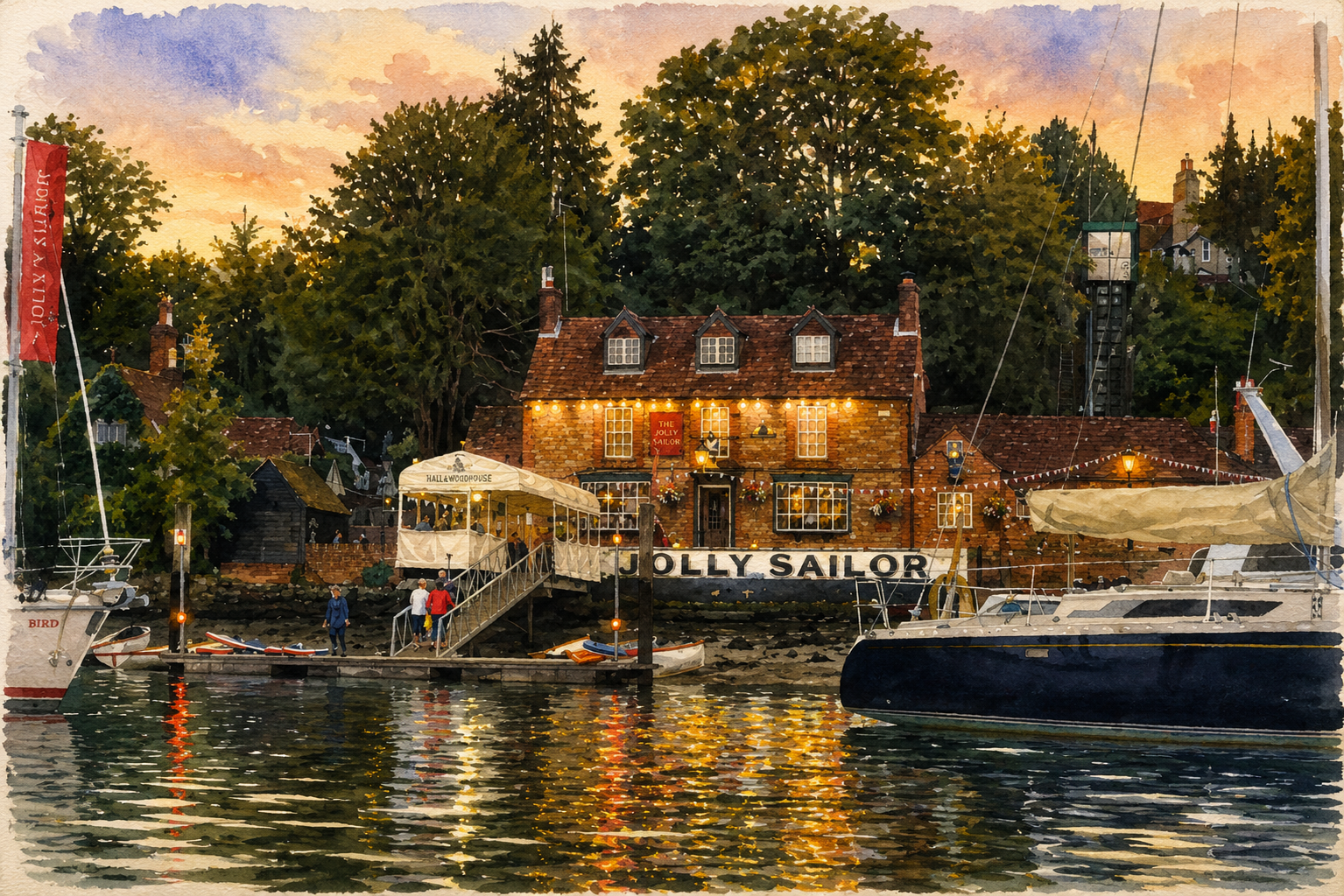 The Jolly Sailor beside the River Hamble at dusk.
