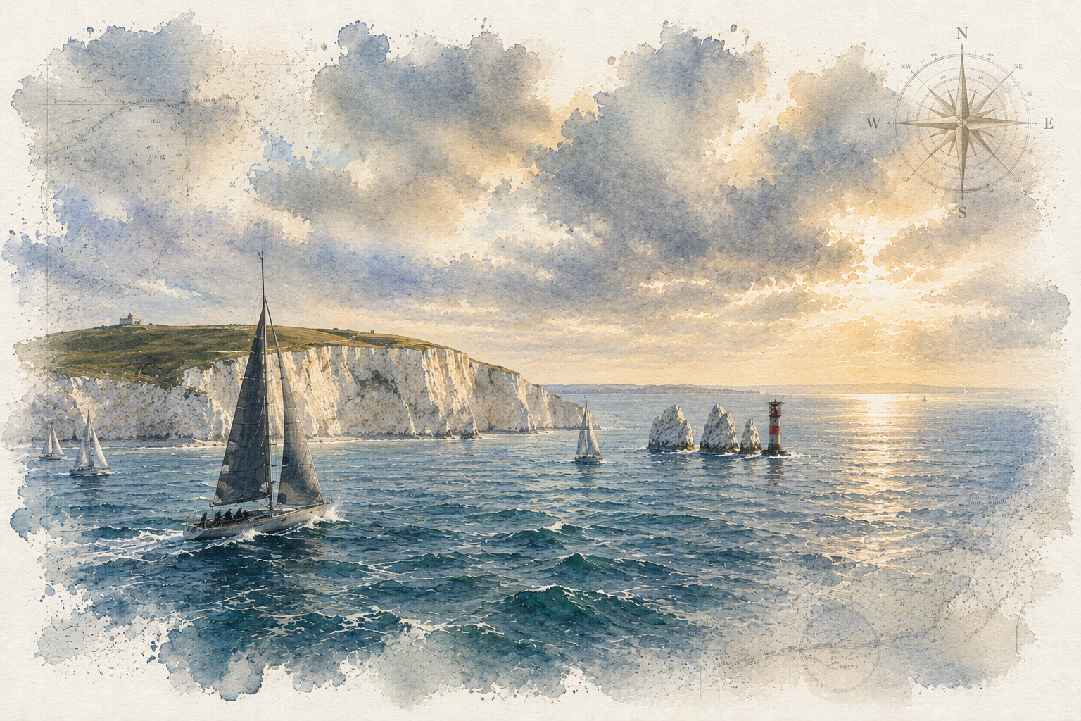 Sailing yachts passing the Needles at the western entrance to the Solent.