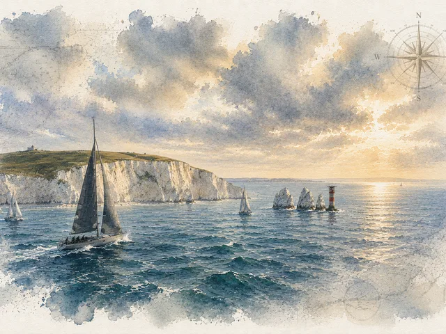 Sailing yachts passing the Needles at the western entrance to the Solent.