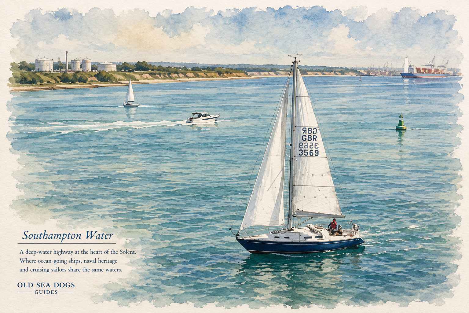 A sailing yacht crossing Southampton Water with commercial shipping in the distance.