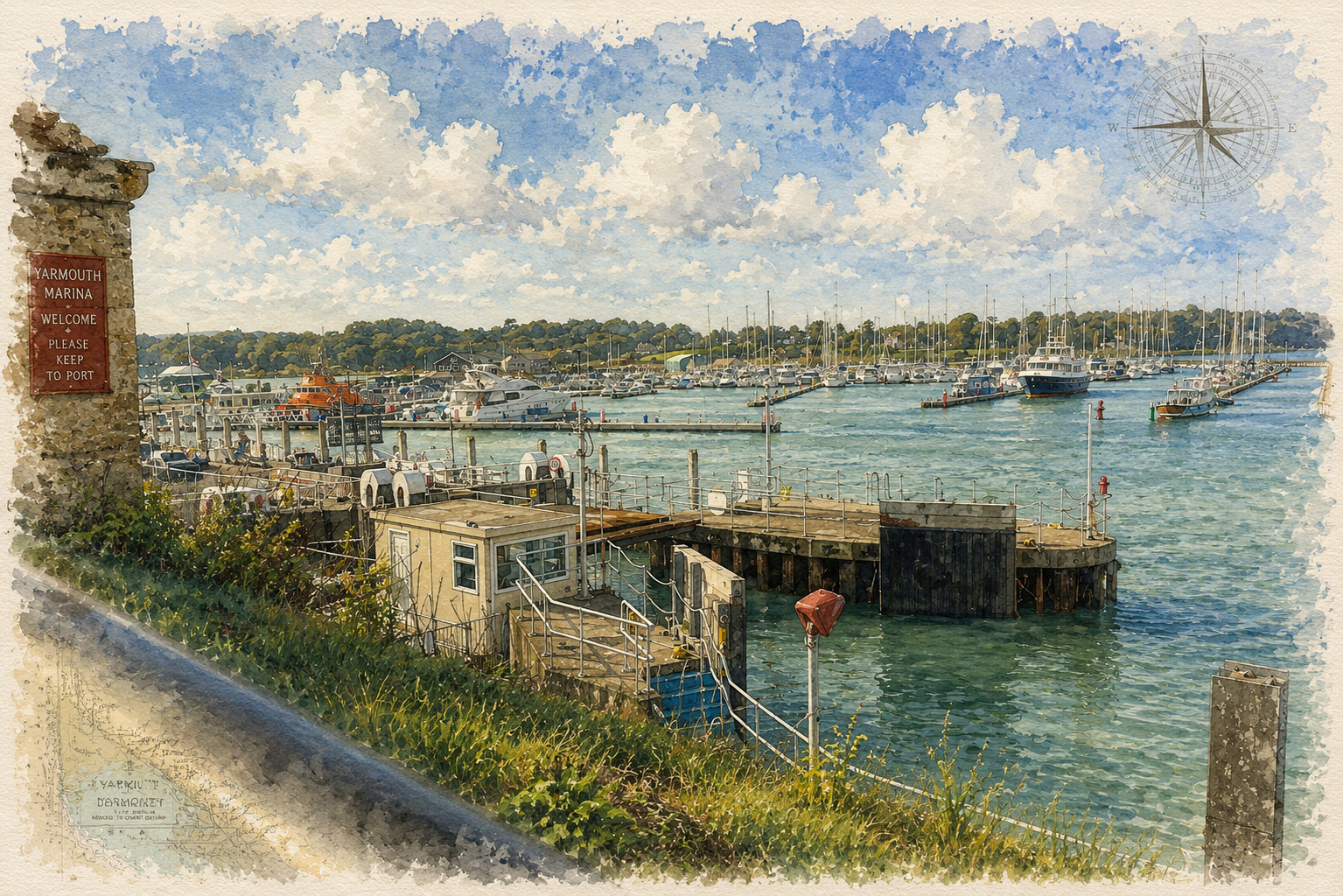 The harbour entrance and visitor pontoons at Yarmouth on the Isle of Wight.