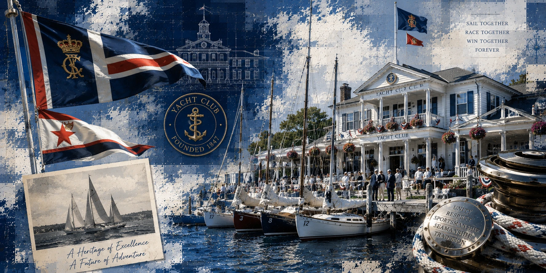 A yacht club scene with boats and a clubhouse by the water.