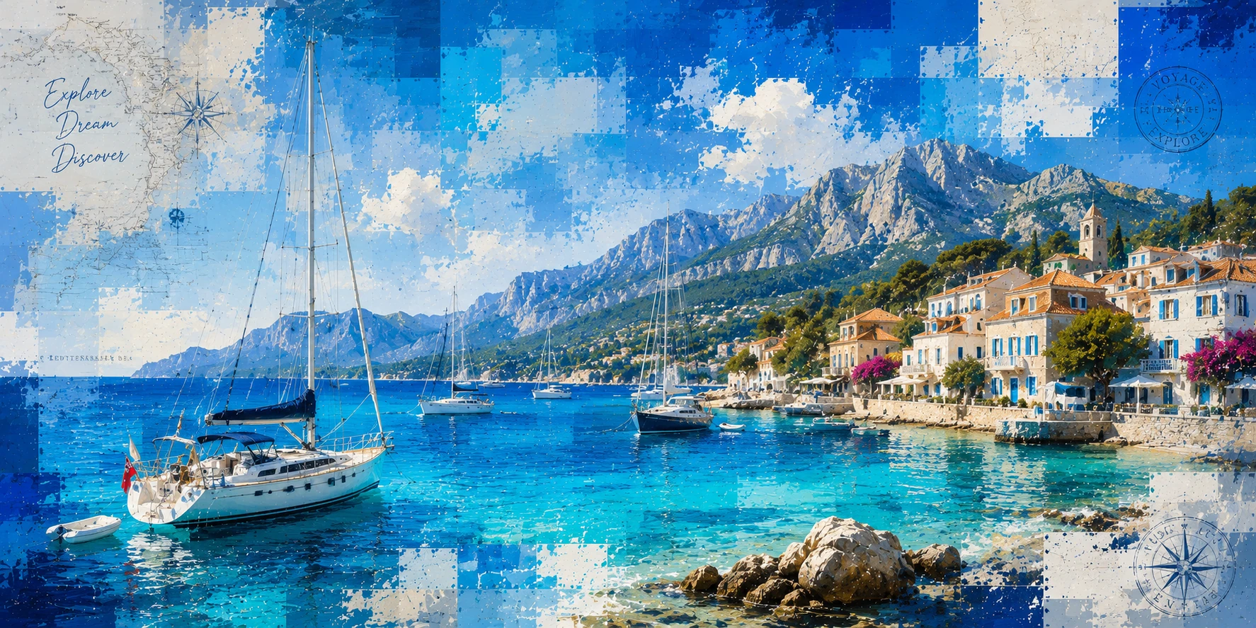 Old Sea Dogs destinations section artwork with yachts in a bright coastal harbour