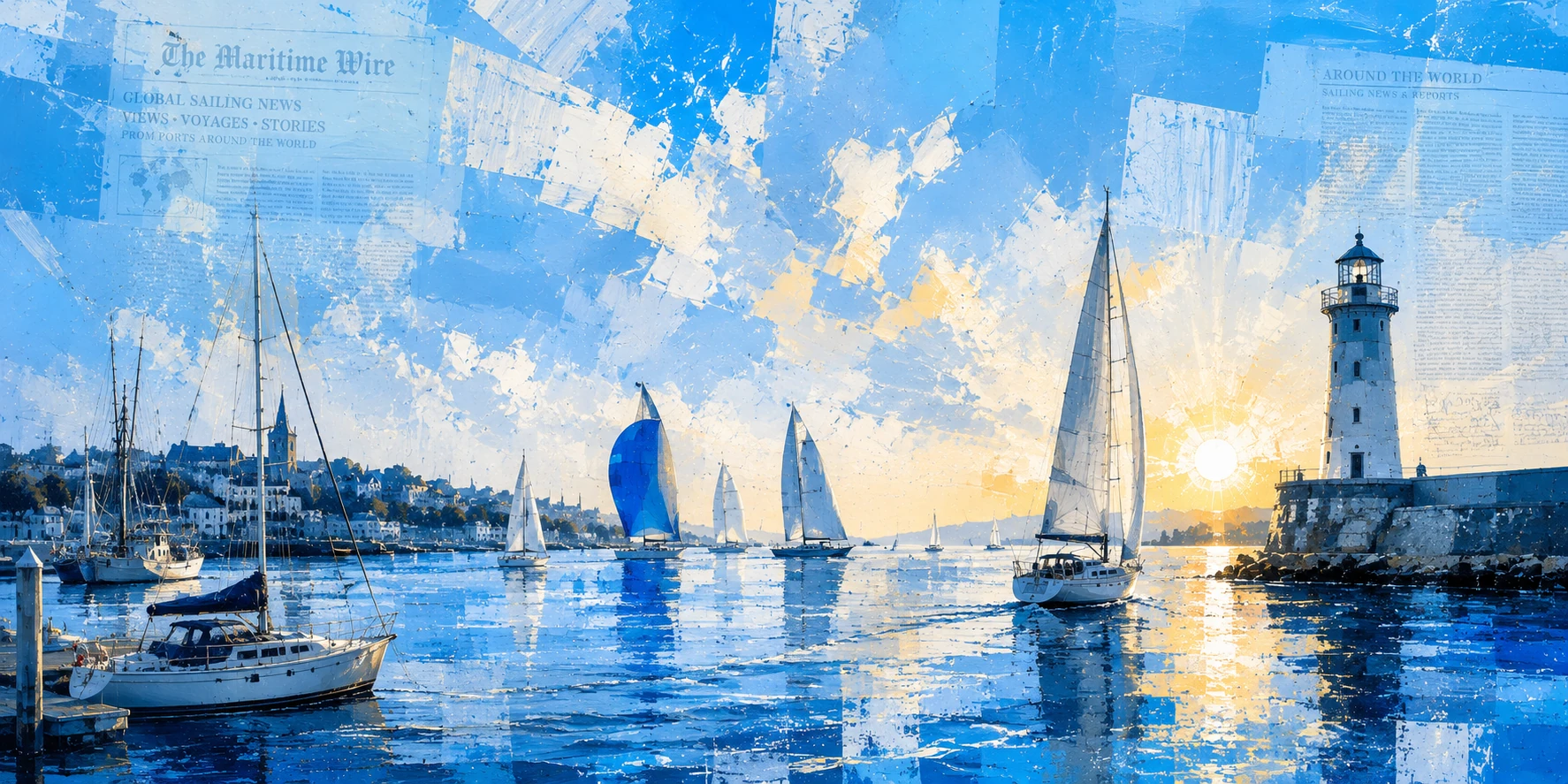 Old Sea Dogs news section artwork with sailing boats, harbour light and newspaper textures