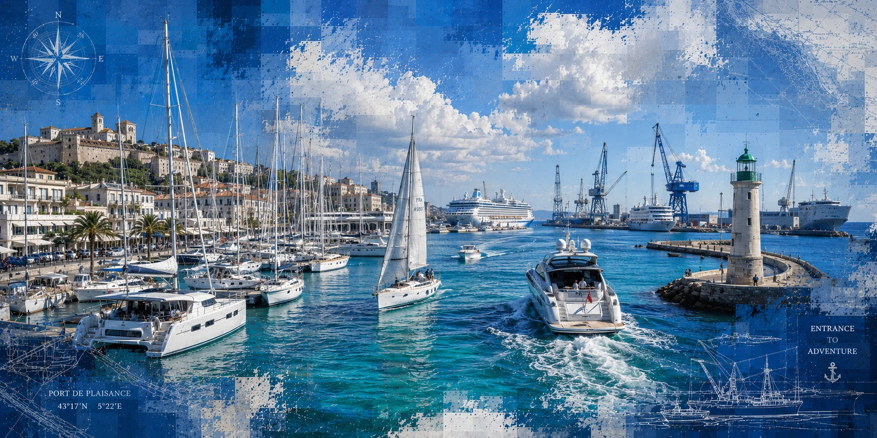 A marina with moored yachts and pontoons.