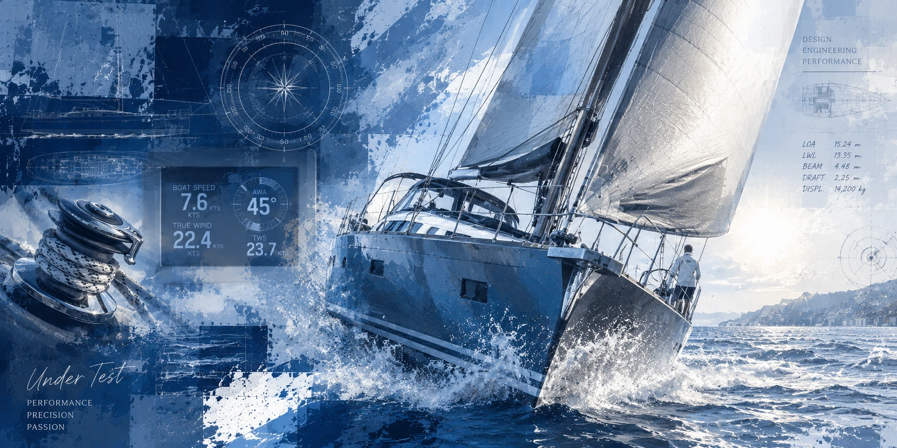 Old Sea Dogs reviews section artwork with a yacht under test