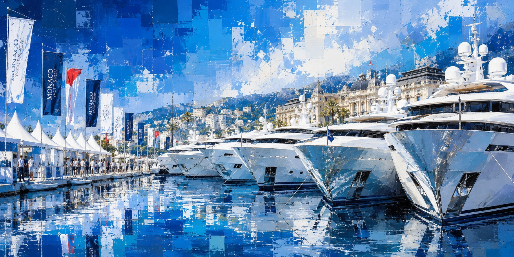 Old Sea Dogs shows section artwork with superyachts at a marina show