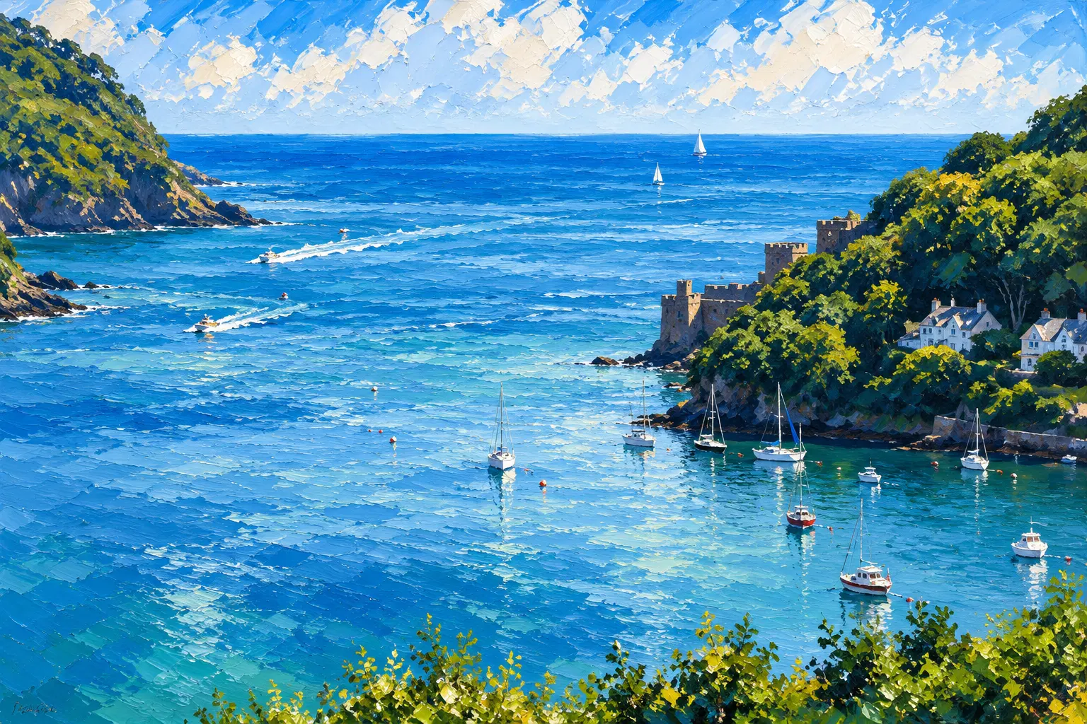 Painting of the Dart entrance at Dartmouth, with the castle, wooded hills and boats in the reach.