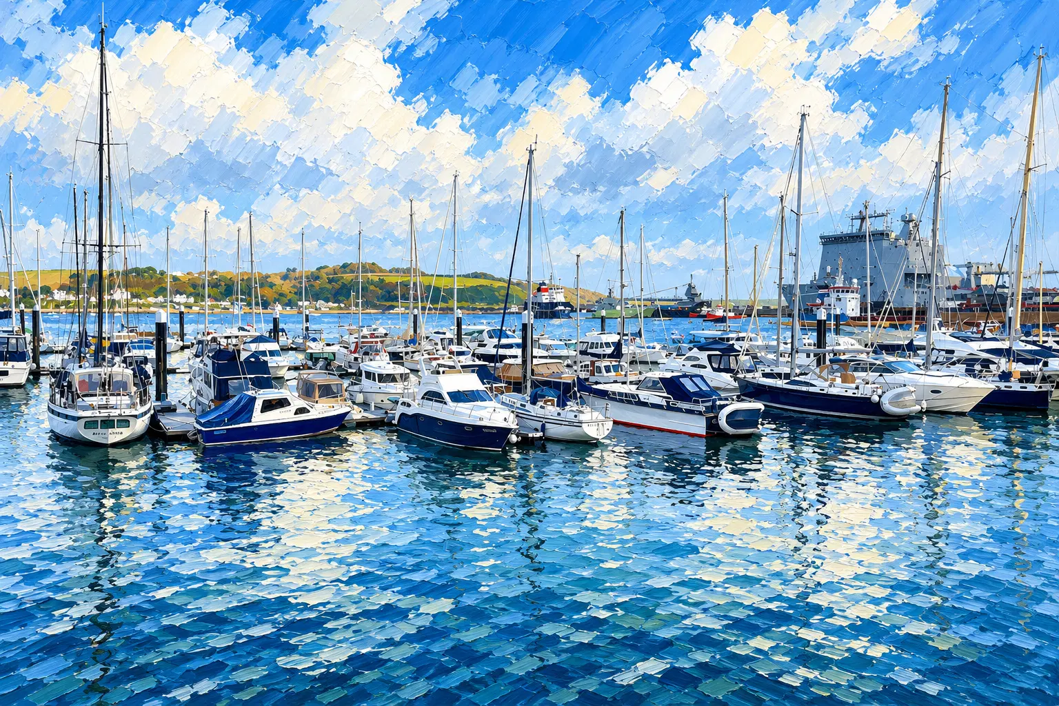 Painting of Falmouth Haven and the town waterfront with visiting yachts.