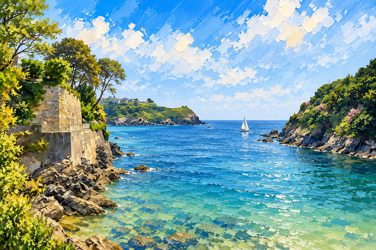 Painting of Fowey harbour entrance with Polruan and boats in the lower harbour.