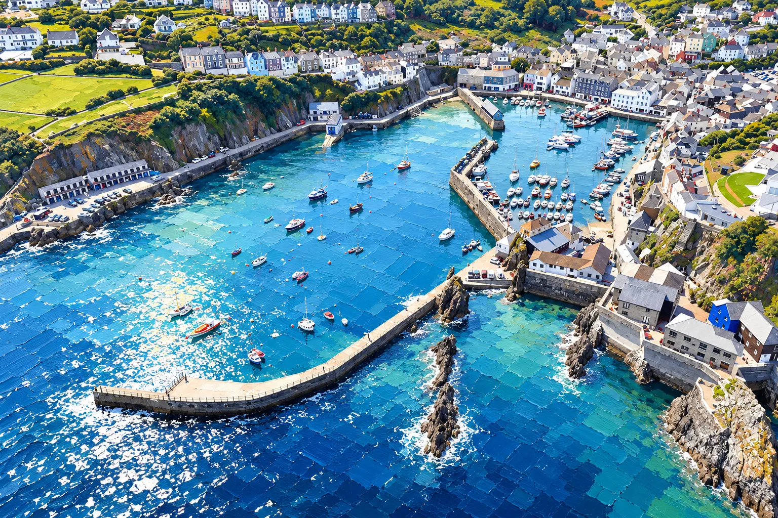 Painting of Mevagissey harbour with Victoria Pier lighthouse and hillside houses.