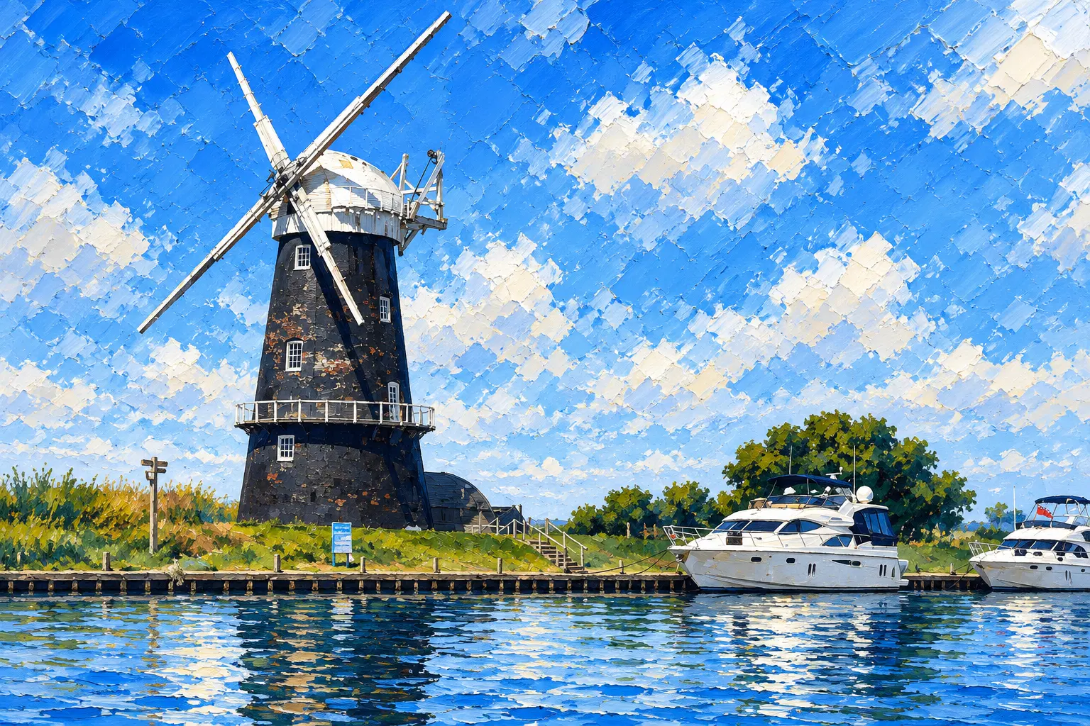 Painting of a black Broads windpump with white sails beside a quay and motor cruisers on bright blue water