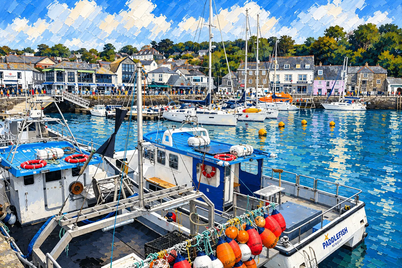 Painting of Padstow harbour on the Camel estuary with boats inside the quay.