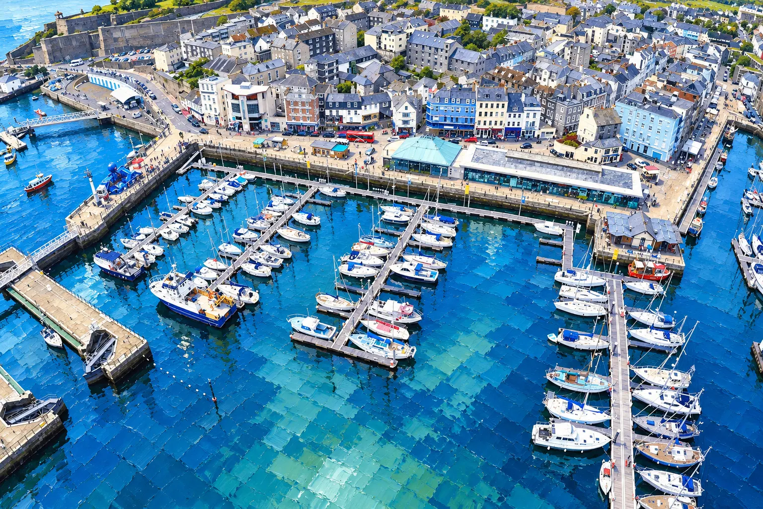 Painting of Plymouth Sound (or the Barbican lock) with boats and the historic waterfront.