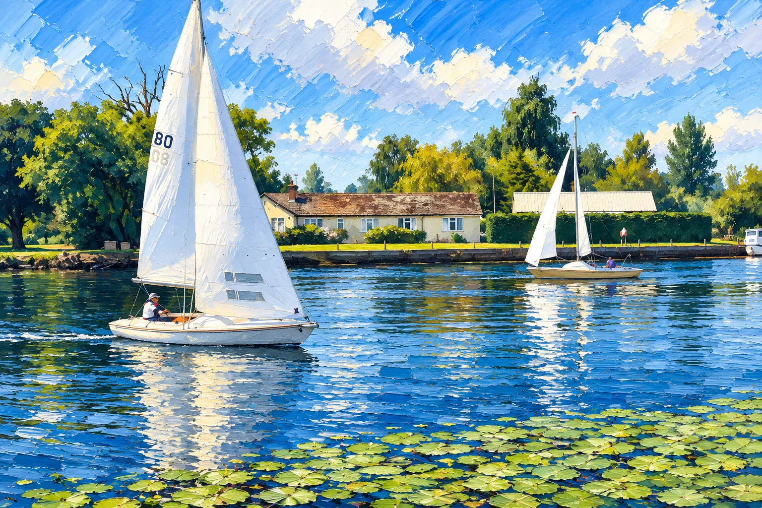 Painting of two white-sailed dinghies on a Broads reach past a riverside cottage — a general Norfolk Broads scene, not this stop