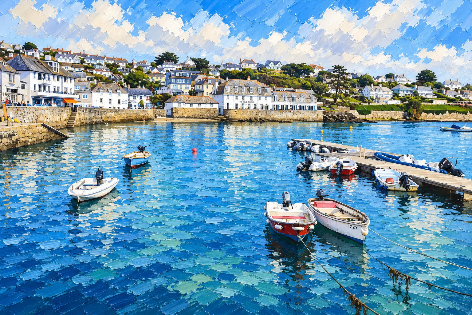 Painting of St Mawes harbour and castle with visitor moorings on the Roseland.