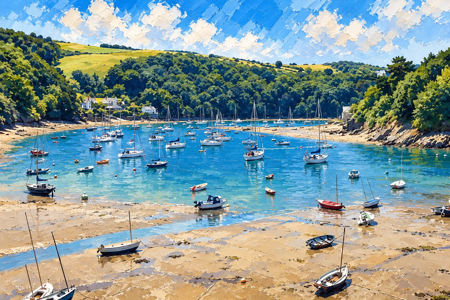 Painting of the wooded River Yealm with boats moored between Newton Ferrers and Noss Mayo.