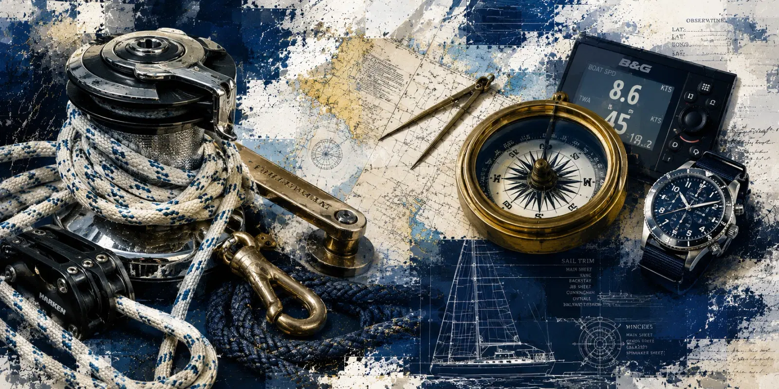 Old Sea Dogs gear section artwork with winch, rope, compass and instruments