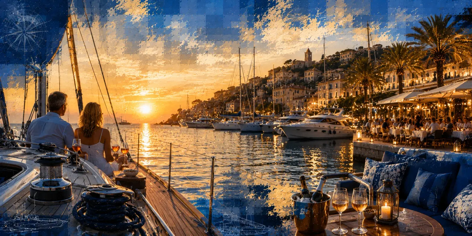 Old Sea Dogs lifestyle section artwork with sunset marina dining and yachts