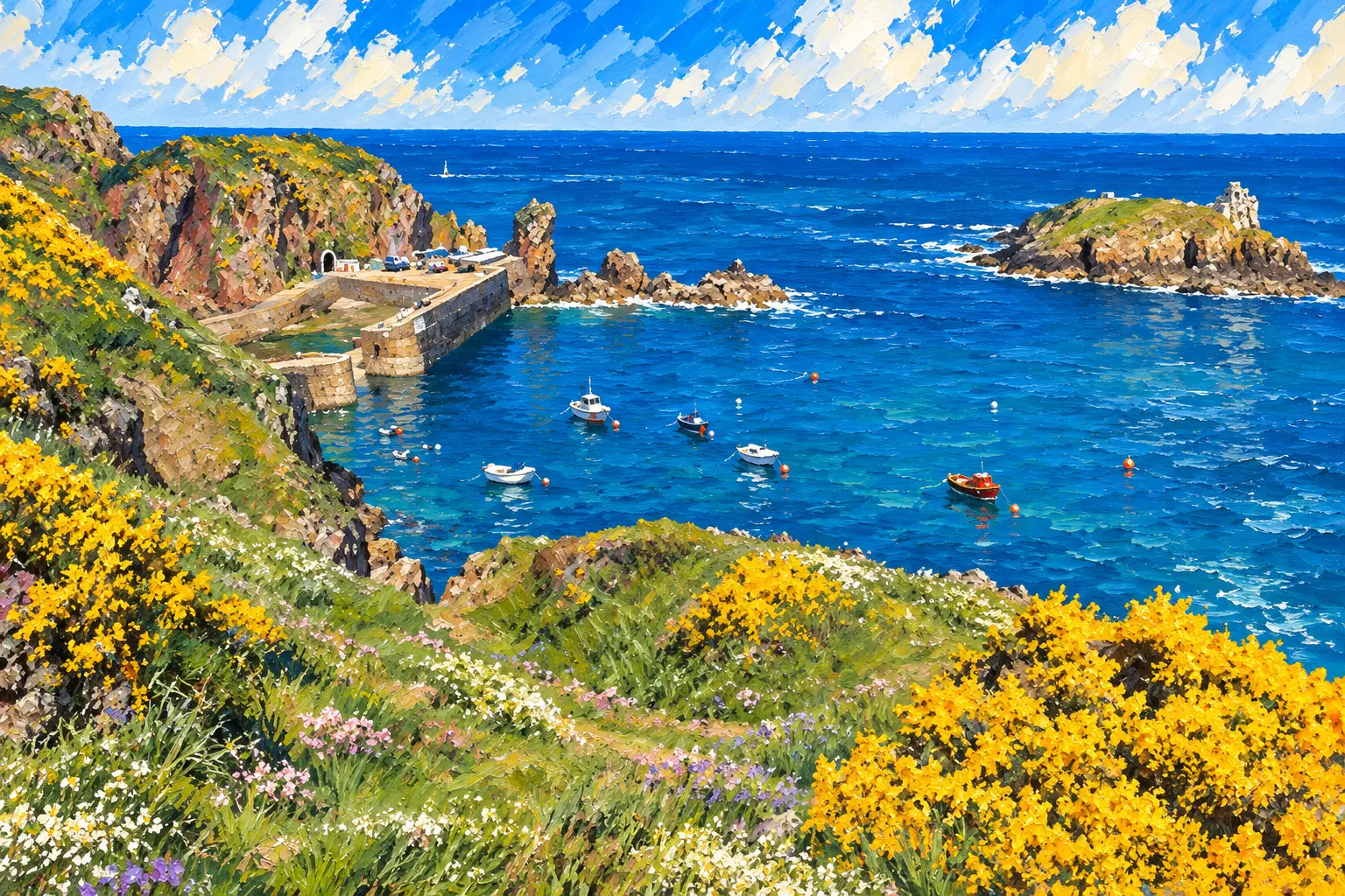 Painting of a Channel Islands coast: gorse-covered cliffs above a small stone harbour, boats moored in a deep blue bay and a rocky islet offshore