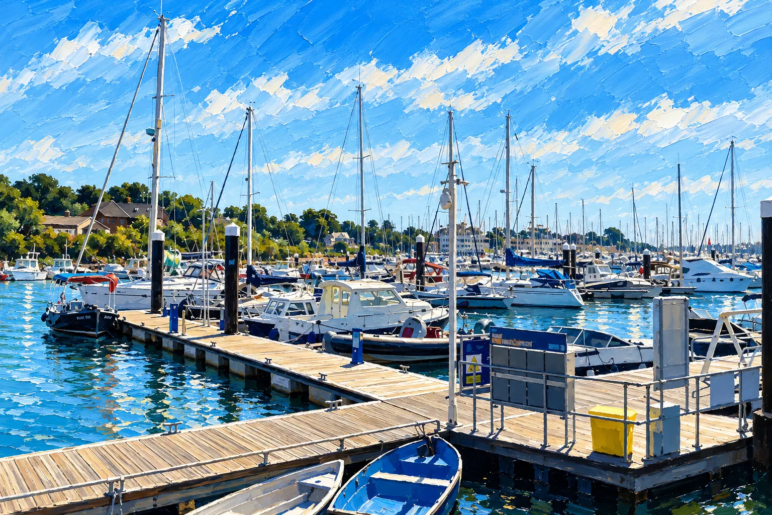 Painting of the Town Quay pontoons at Lymington, crowded with yachts and motor boats, rowing dinghies in the foreground and wooded shore beyond