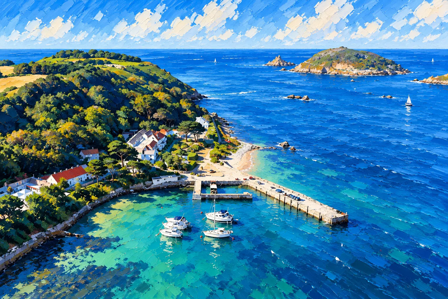 Painting of Herm harbour from above: yachts moored in clear turquoise water by the stone pier, the harbour village and wooded hillside behind, and Jethou across the water