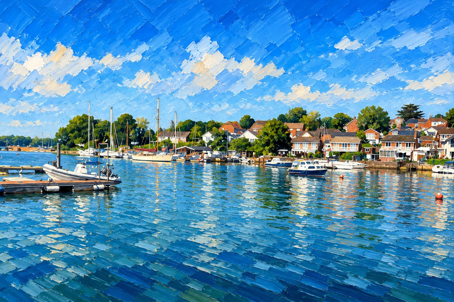 Painting of Wootton Creek on a bright day: a pontoon on the left, moored yachts and motor boats, and waterside houses among trees
