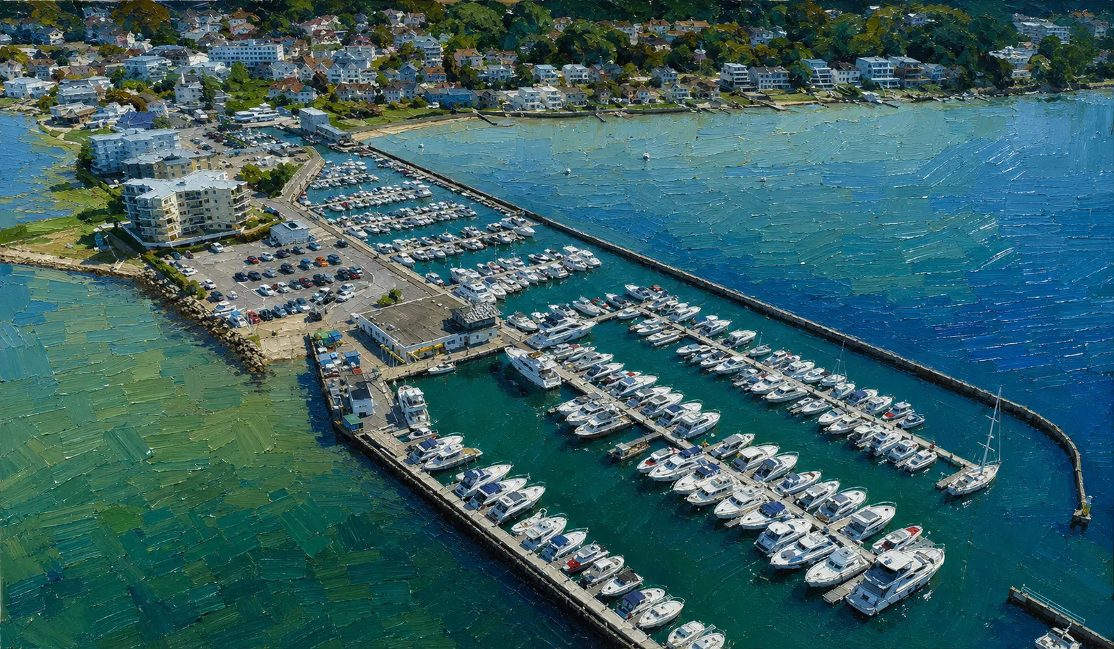 Aerial illustration of Salterns Marina beside Poole Harbour